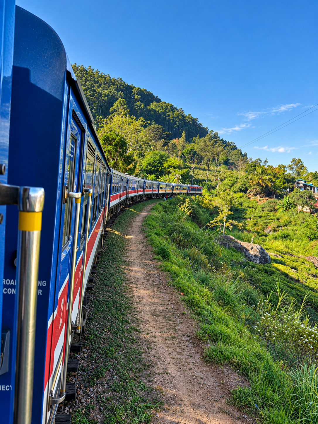 scenic blue train through lush hills